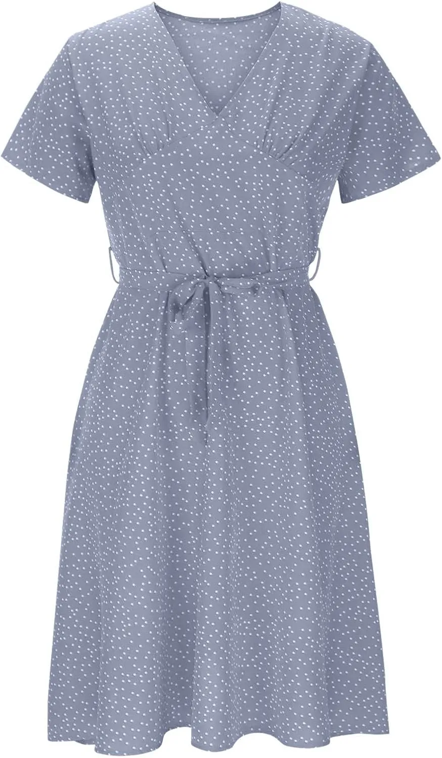 Plus Size Dresses for Wedding Guest Women's Wrap V Neck Short Sleeve Tie Waist Midi Dress Casual Flowy Sundress