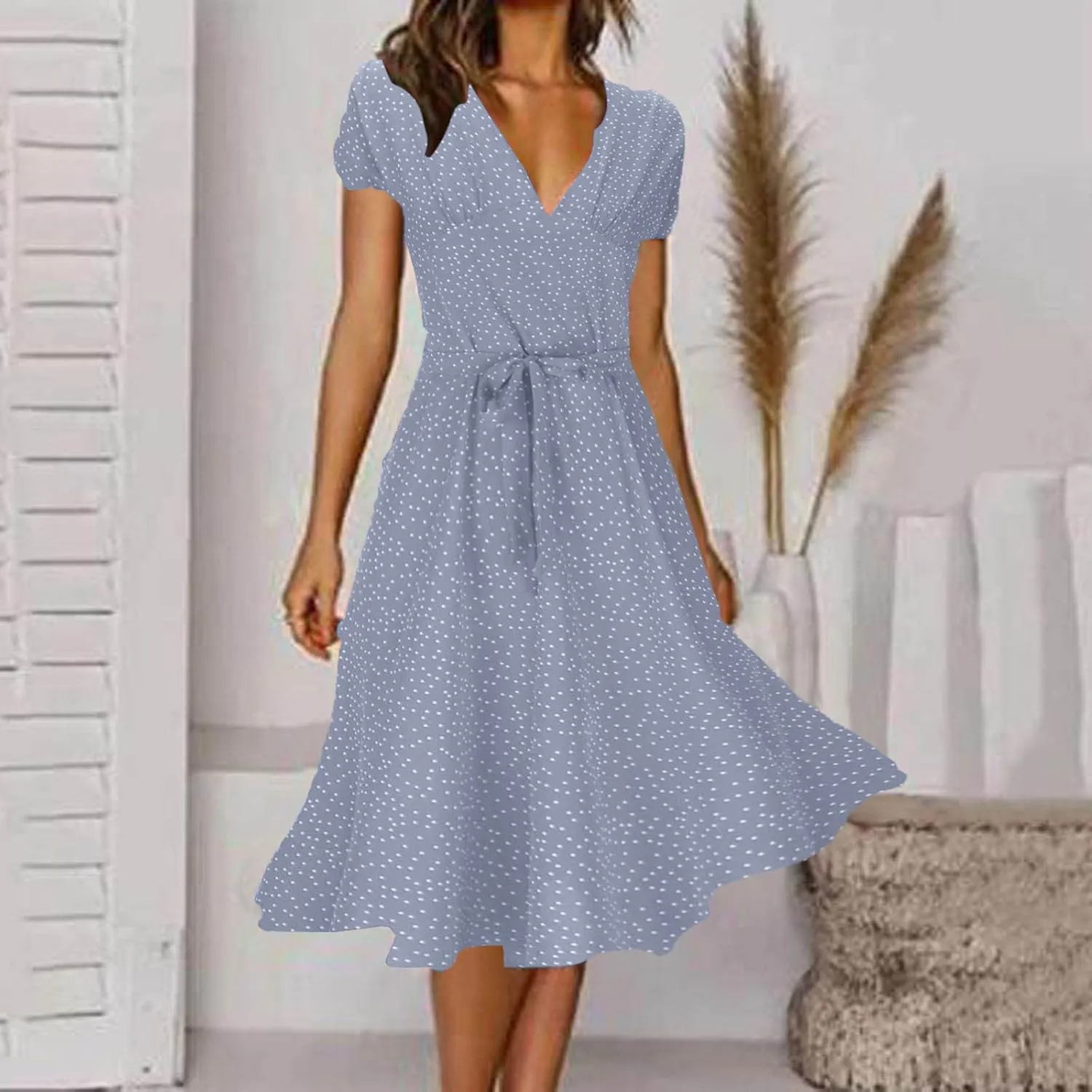 Plus Size Dresses for Wedding Guest Women's Wrap V Neck Short Sleeve Tie Waist Midi Dress Casual Flowy Sundress