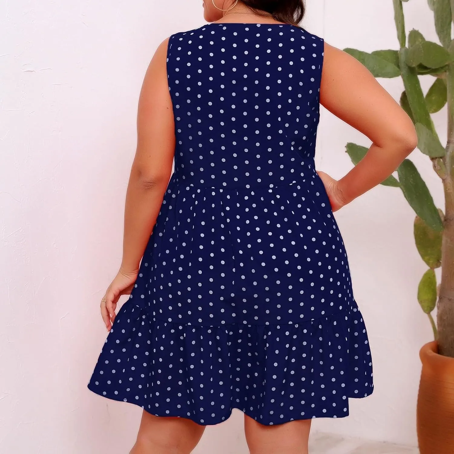 Plus Size Dresses for Women 2025 Polka Dot Casual Ruffle Smocked Dress Soft Round Neck Beach Vacation 1950'S Dresses