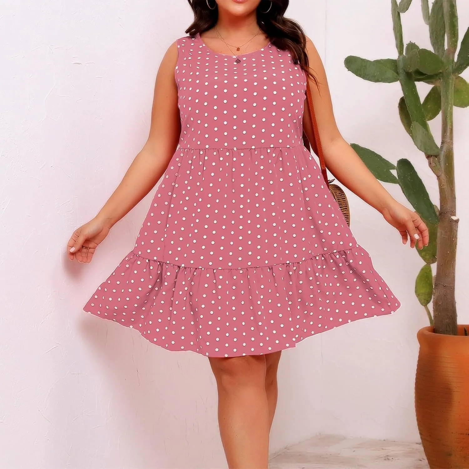 Plus Size Dresses for Women 2025 Polka Dot Casual Ruffle Smocked Dress Soft Round Neck Beach Vacation 1950'S Dresses