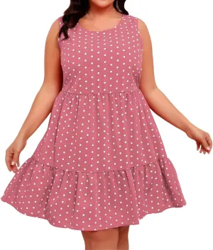 Plus Size Dresses for Women 2025 Polka Dot Casual Ruffle Smocked Dress Soft Round Neck Beach Vacation 1950'S Dresses