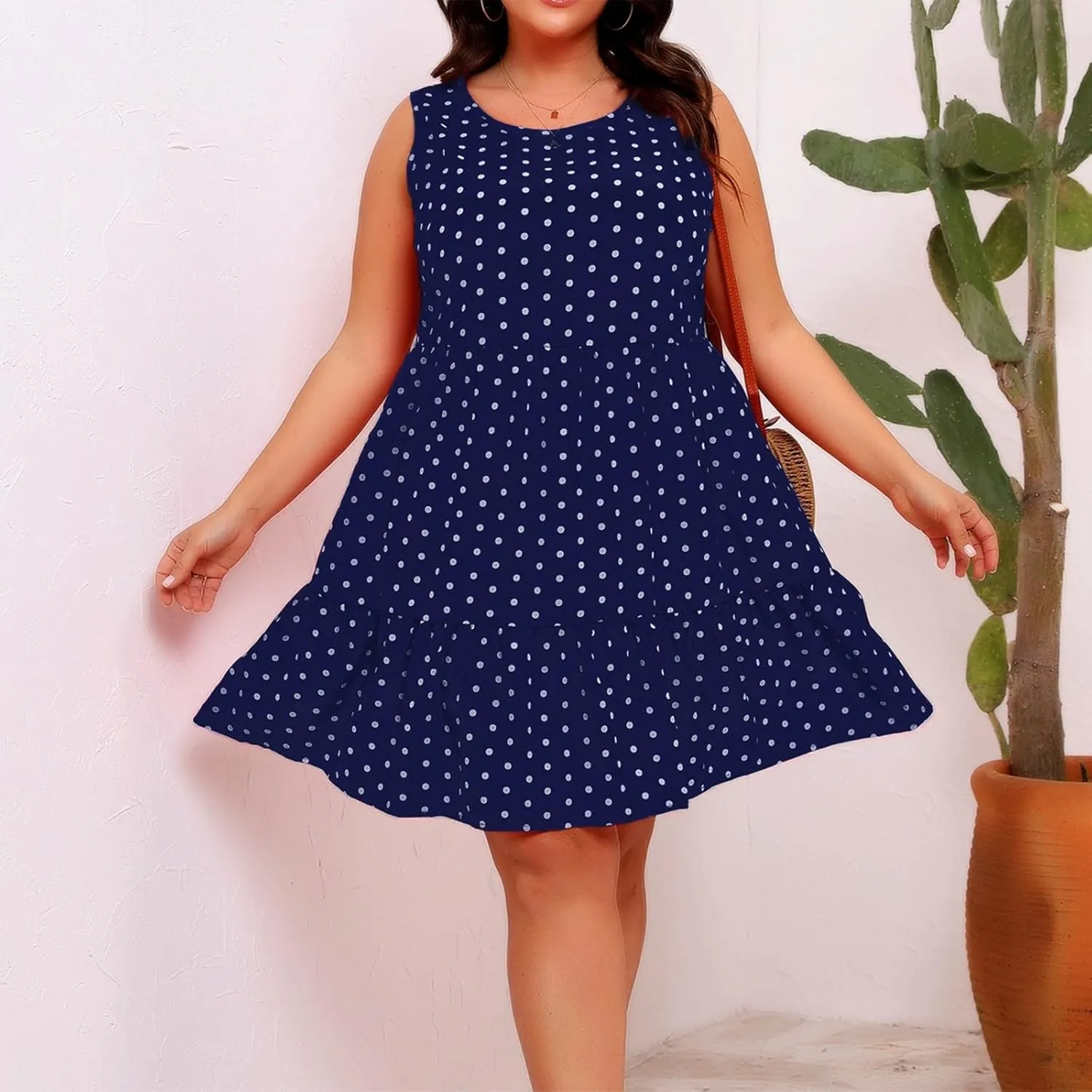 Plus Size Dresses for Women 2025 Polka Dot Casual Ruffle Smocked Dress Soft Round Neck Beach Vacation 1950'S Dresses