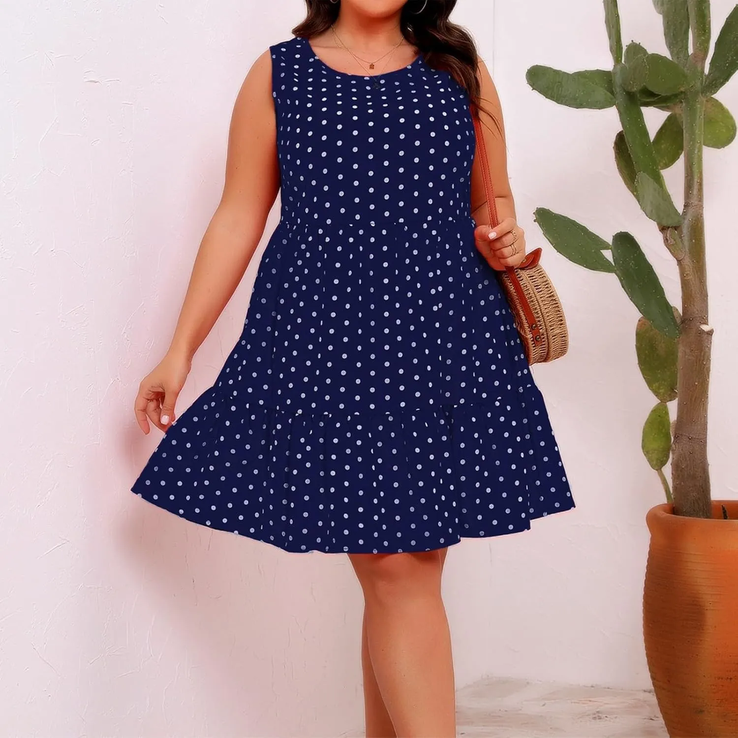Plus Size Dresses for Women 2025 Polka Dot Casual Ruffle Smocked Dress Soft Round Neck Beach Vacation 1950'S Dresses