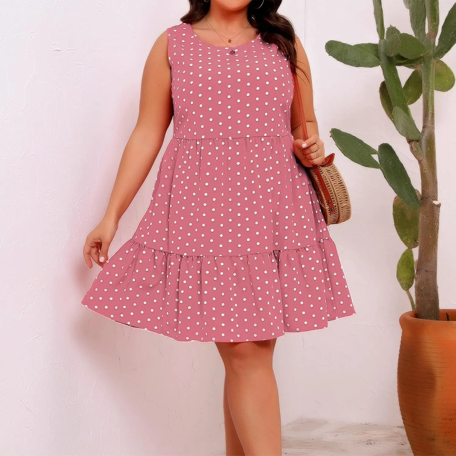 Plus Size Dresses for Women 2025 Polka Dot Casual Ruffle Smocked Dress Soft Round Neck Beach Vacation 1950'S Dresses