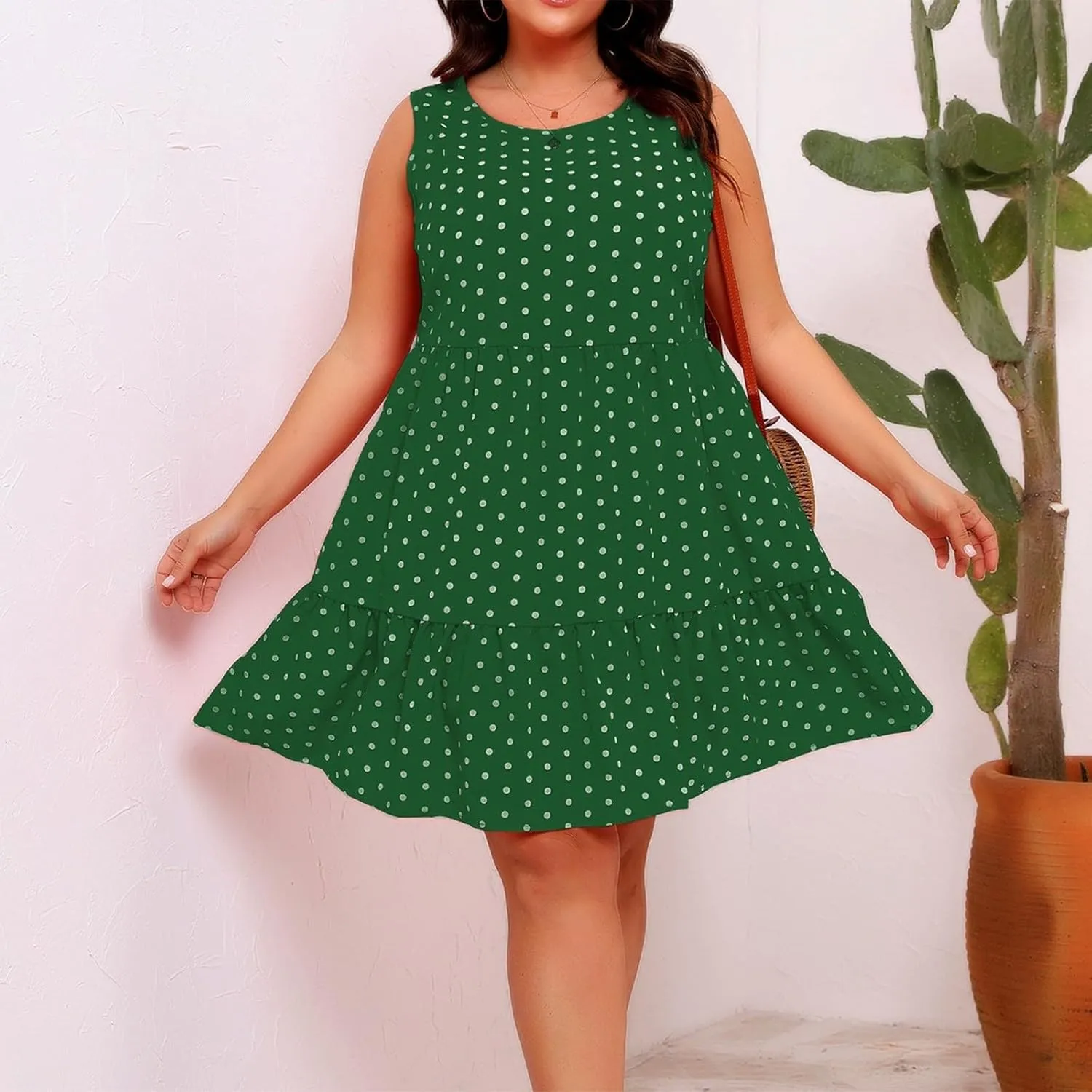 Plus Size Dresses for Women 2025 Polka Dot Casual Ruffle Smocked Dress Soft Round Neck Beach Vacation 1950'S Dresses