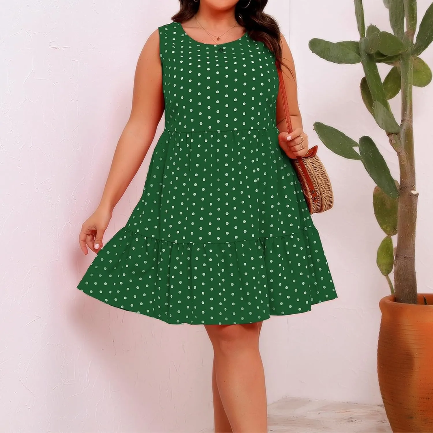 Plus Size Dresses for Women 2025 Polka Dot Casual Ruffle Smocked Dress Soft Round Neck Beach Vacation 1950'S Dresses
