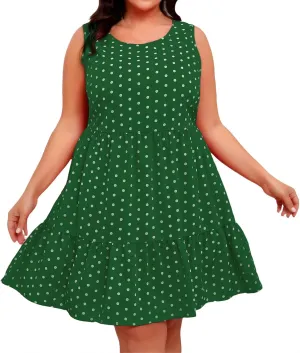 Plus Size Dresses for Women 2025 Polka Dot Casual Ruffle Smocked Dress Soft Round Neck Beach Vacation 1950'S Dresses