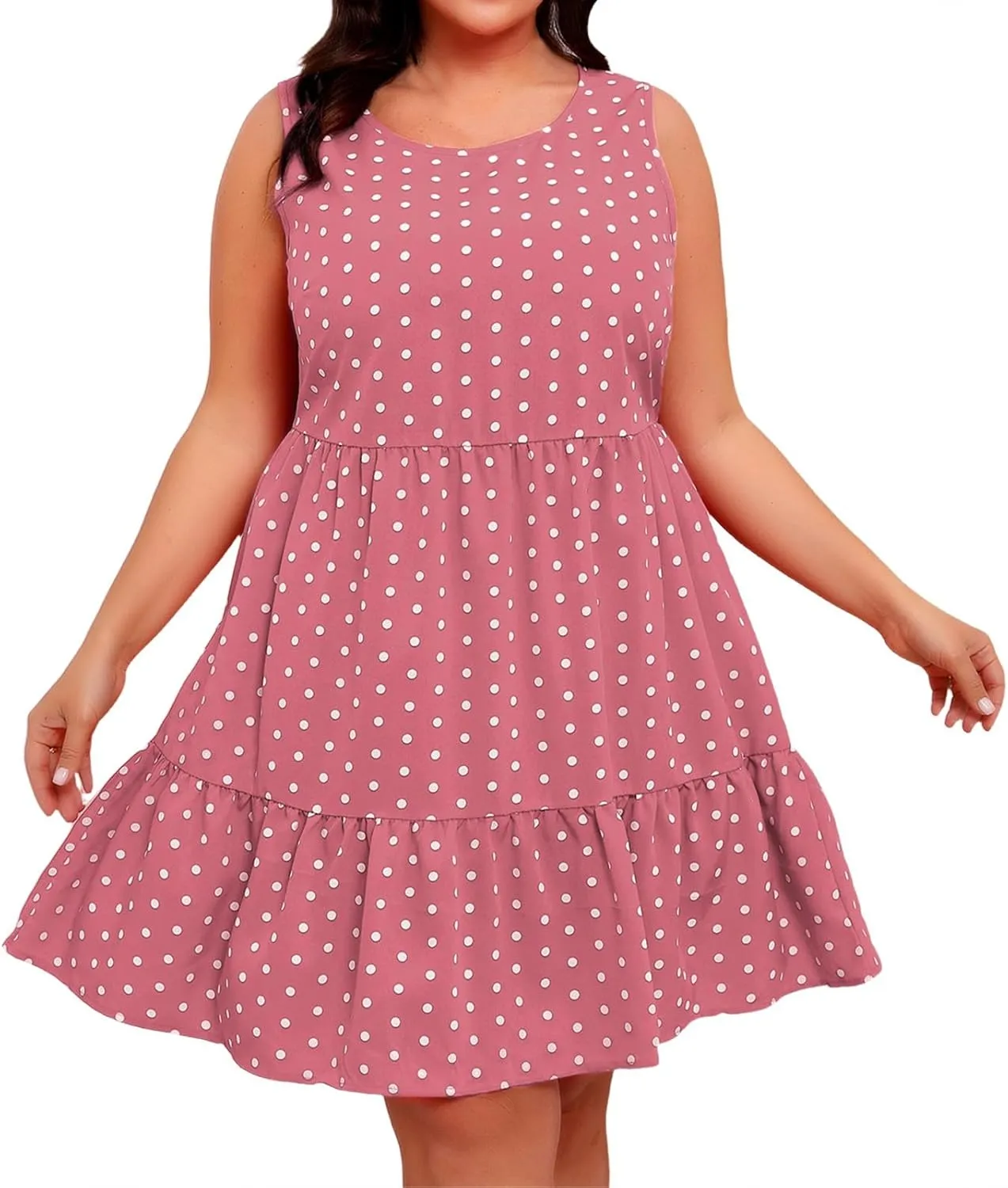 Plus Size Dresses for Women 2025 Polka Dot Casual Ruffle Smocked Dress Soft Round Neck Beach Vacation 1950'S Dresses