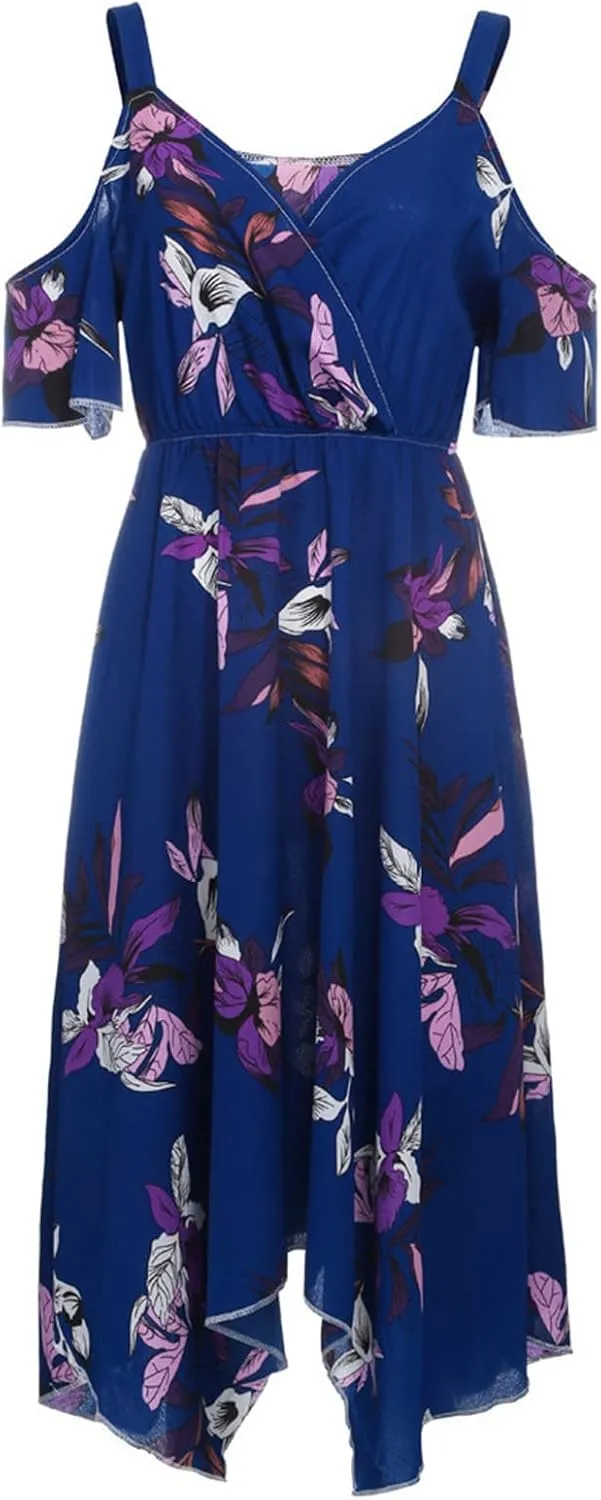 Plus Size Maxi Dress for Women Summer Casual Short Sleeve Floral Midi Dresses Sexy V Neck Vacation Beach Sundress