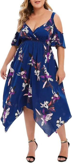 Plus Size Maxi Dress for Women Summer Casual Short Sleeve Floral Midi Dresses Sexy V Neck Vacation Beach Sundress