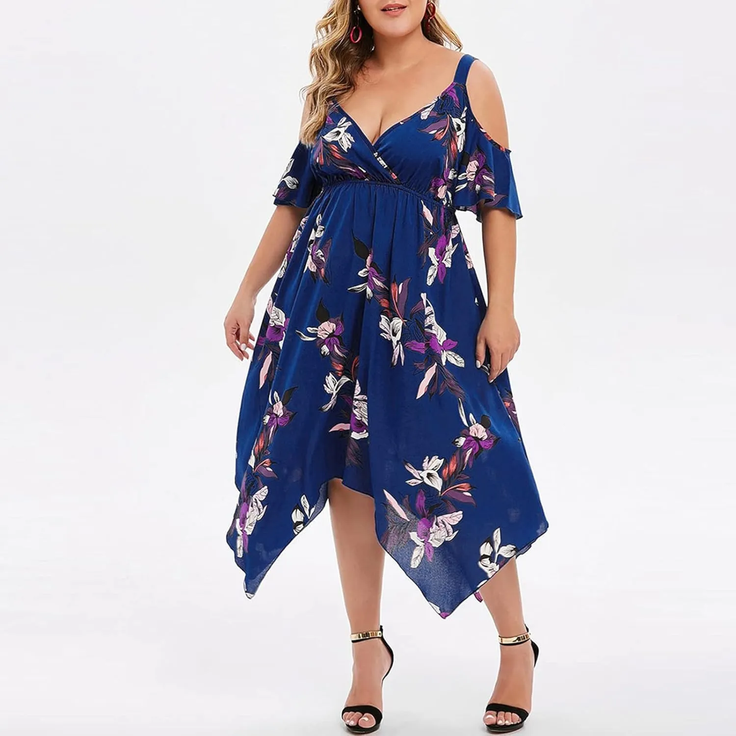 Plus Size Maxi Dress for Women Summer Casual Short Sleeve Floral Midi Dresses Sexy V Neck Vacation Beach Sundress