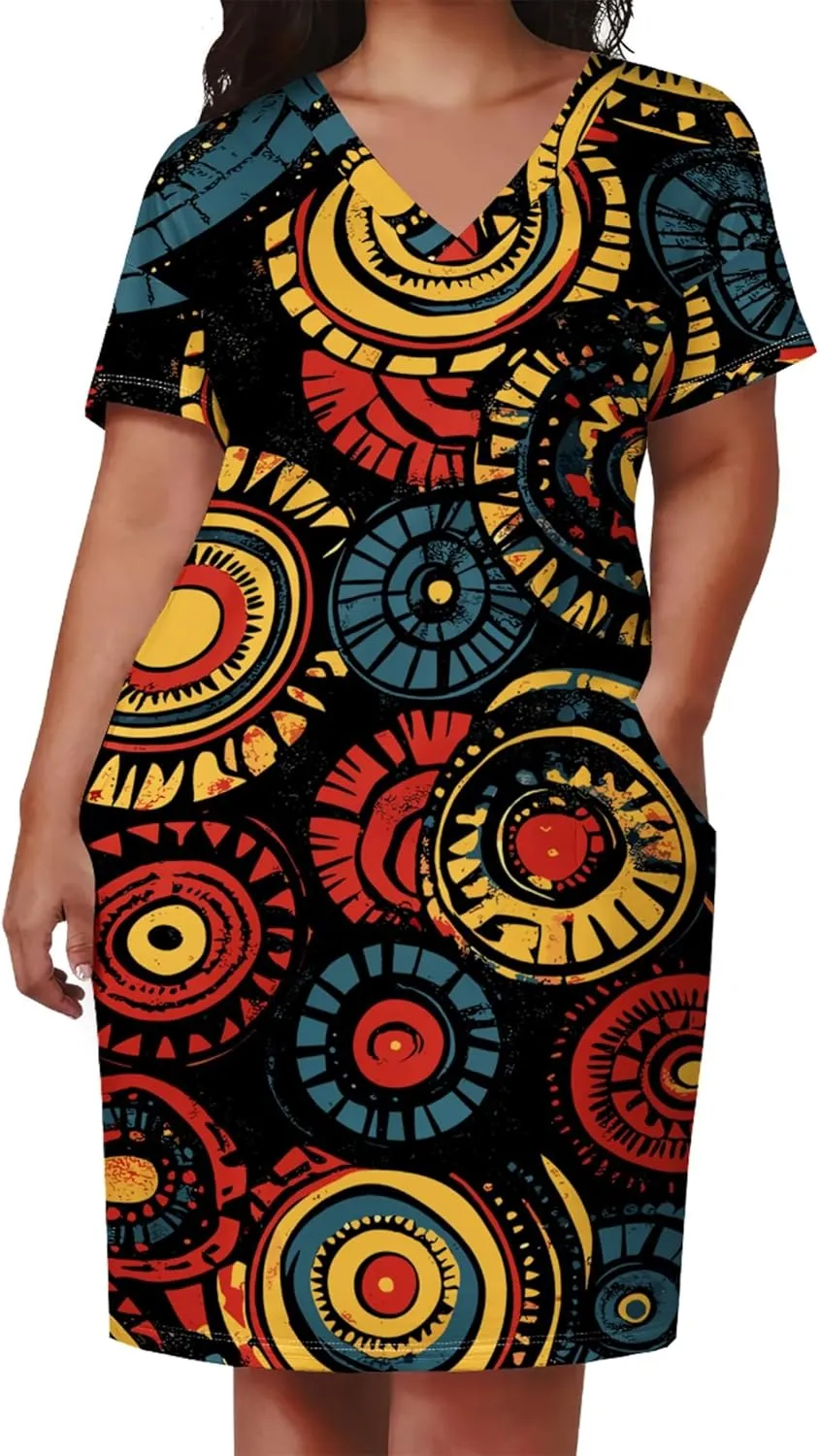 Plus Size Midi Dress for Women Casual Short Sleeve V Neck Loose Summer Tshirt Dresses with Pockets Vacation Outfits