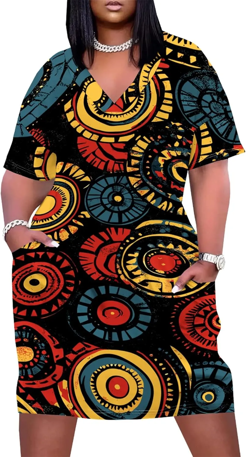 Plus Size Midi Dress for Women Casual Short Sleeve V Neck Loose Summer Tshirt Dresses with Pockets Vacation Outfits