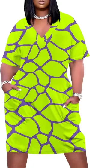 Plus Size Midi Dress for Women Casual Short Sleeve V Neck Loose Summer Tshirt Dresses with Pockets Vacation Outfits