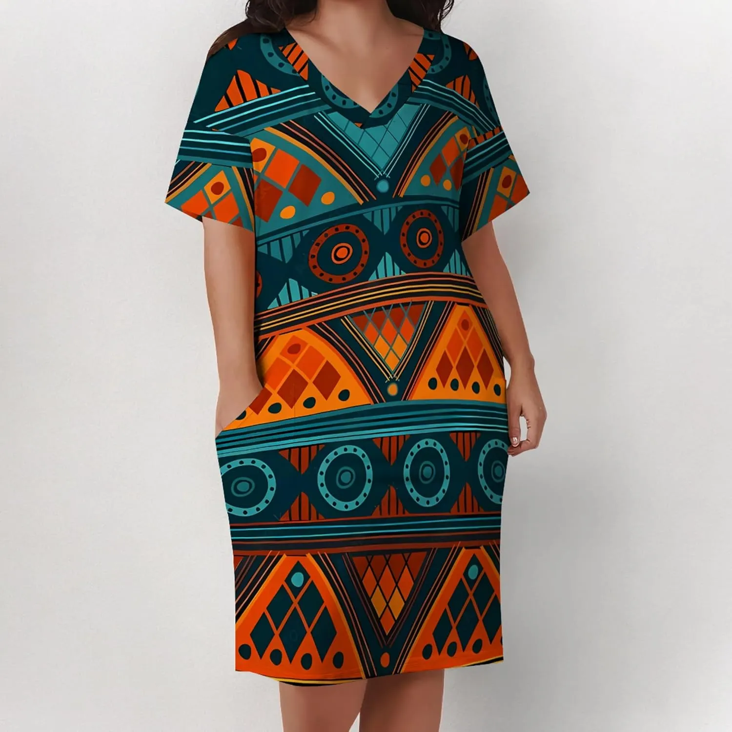 Plus Size Midi Dress for Women Casual Short Sleeve V Neck Loose Summer Tshirt Dresses with Pockets Vacation Outfits