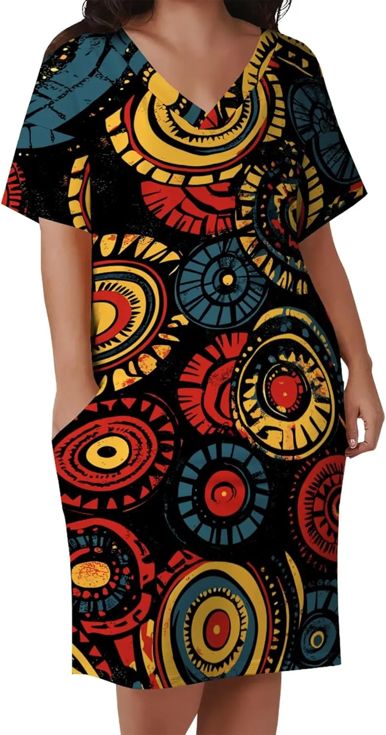 Plus Size Midi Dress for Women Casual Short Sleeve V Neck Loose Summer Tshirt Dresses with Pockets Vacation Outfits