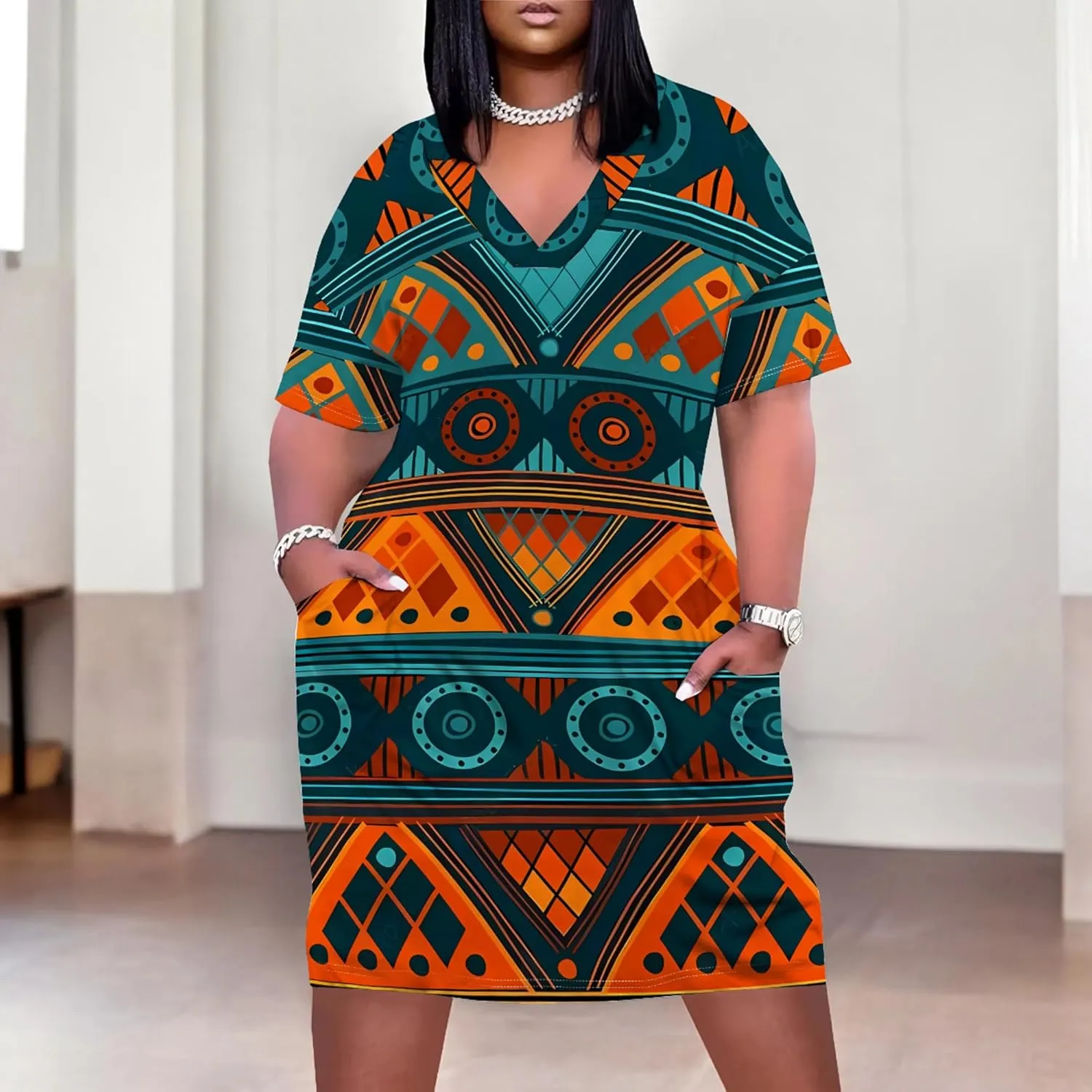Plus Size Midi Dress for Women Casual Short Sleeve V Neck Loose Summer Tshirt Dresses with Pockets Vacation Outfits