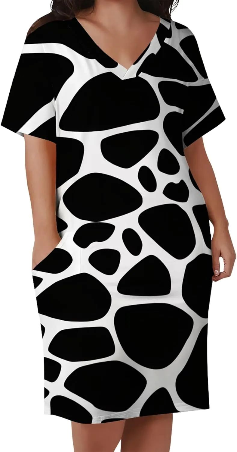 Plus Size Midi Dress for Women Casual Short Sleeve V Neck Loose Summer Tshirt Dresses with Pockets Vacation Outfits