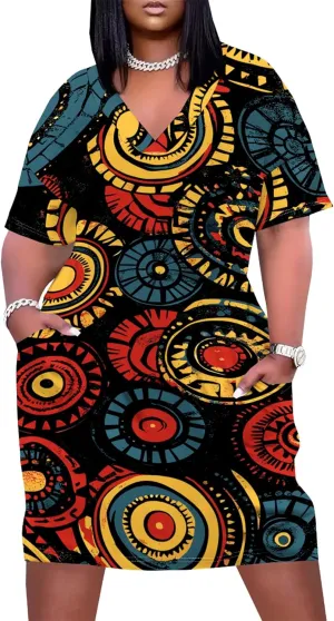 Plus Size Midi Dress for Women Casual Short Sleeve V Neck Loose Summer Tshirt Dresses with Pockets Vacation Outfits