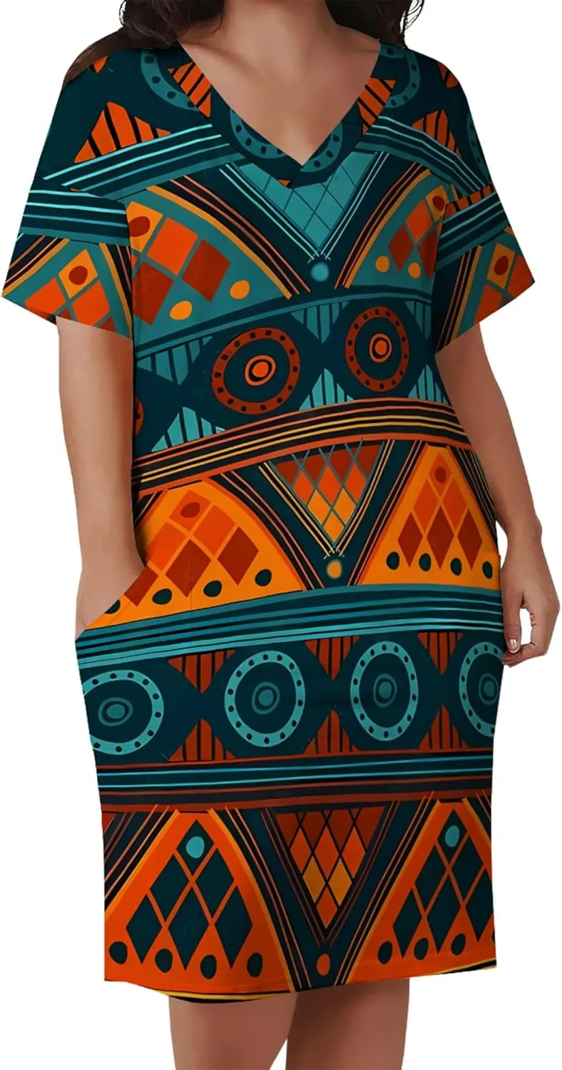 Plus Size Midi Dress for Women Casual Short Sleeve V Neck Loose Summer Tshirt Dresses with Pockets Vacation Outfits