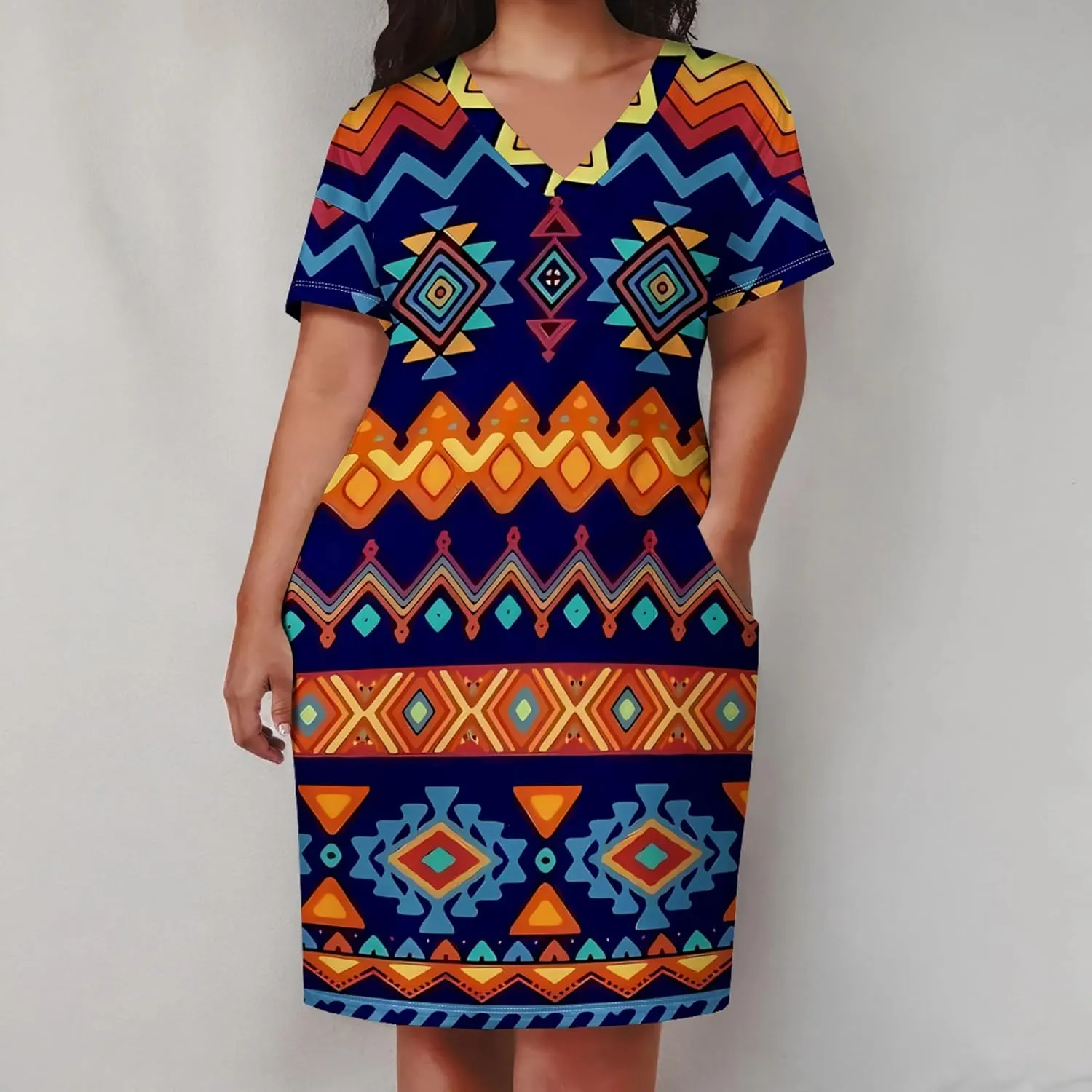 Plus Size Midi Dress for Women Casual Short Sleeve V Neck Loose Summer Tshirt Dresses with Pockets Vacation Outfits