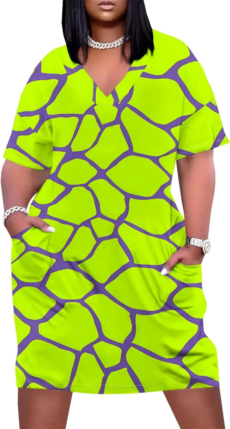 Plus Size Midi Dress for Women Casual Short Sleeve V Neck Loose Summer Tshirt Dresses with Pockets Vacation Outfits
