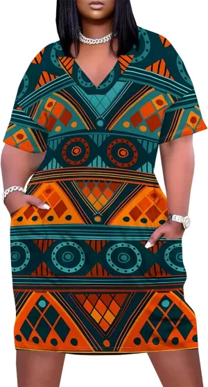 Plus Size Midi Dress for Women Casual Short Sleeve V Neck Loose Summer Tshirt Dresses with Pockets Vacation Outfits