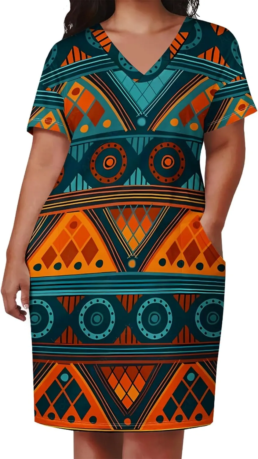 Plus Size Midi Dress for Women Casual Short Sleeve V Neck Loose Summer Tshirt Dresses with Pockets Vacation Outfits