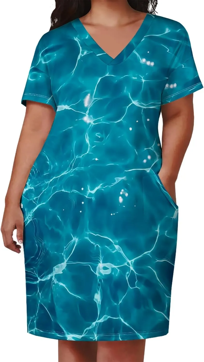 Plus Size Midi Dress for Women Casual Short Sleeve V Neck Loose Summer Tshirt Dresses with Pockets Vacation Outfits