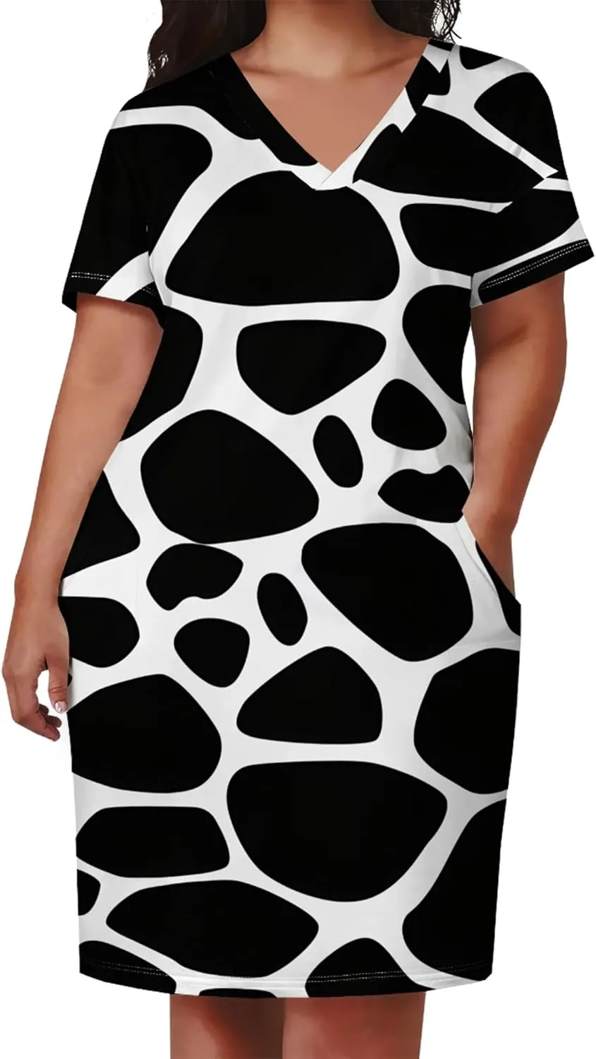 Plus Size Midi Dress for Women Casual Short Sleeve V Neck Loose Summer Tshirt Dresses with Pockets Vacation Outfits