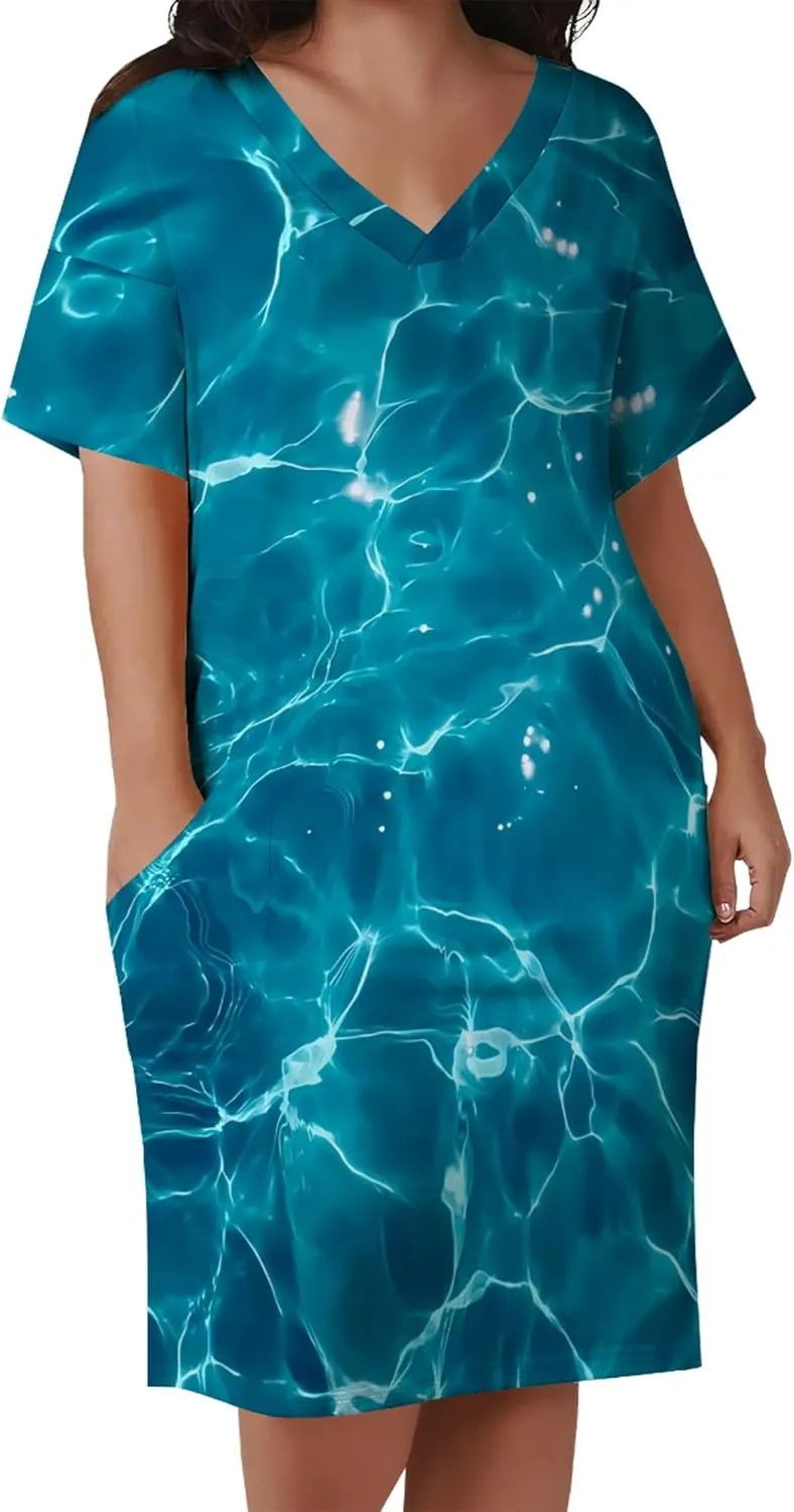 Plus Size Midi Dress for Women Casual Short Sleeve V Neck Loose Summer Tshirt Dresses with Pockets Vacation Outfits