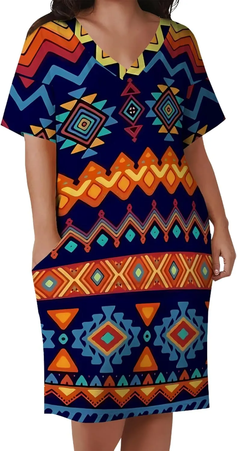 Plus Size Midi Dress for Women Casual Short Sleeve V Neck Loose Summer Tshirt Dresses with Pockets Vacation Outfits