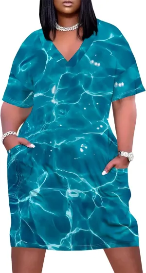 Plus Size Midi Dress for Women Casual Short Sleeve V Neck Loose Summer Tshirt Dresses with Pockets Vacation Outfits