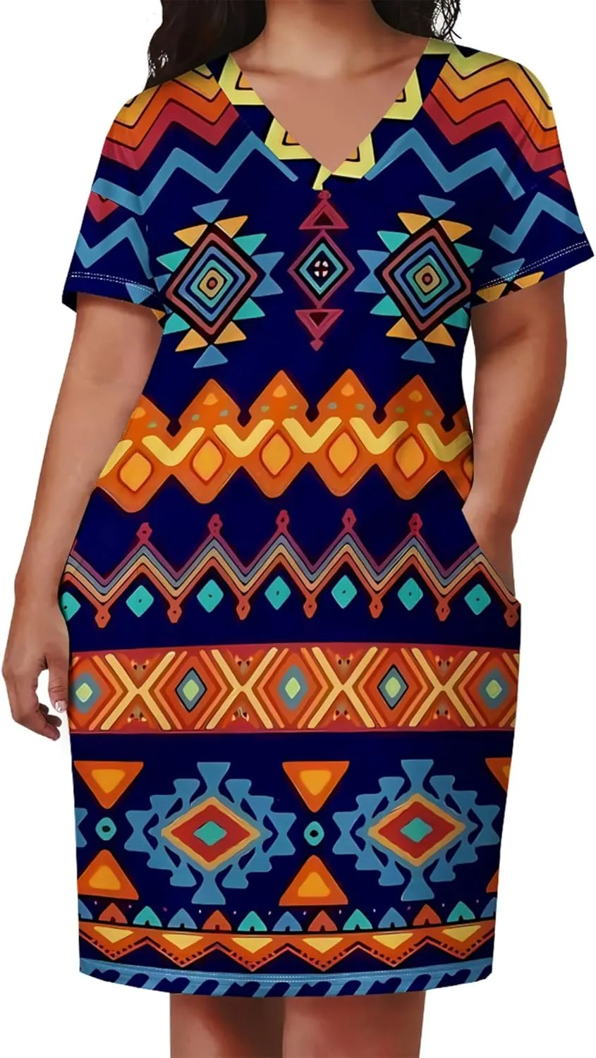 Plus Size Midi Dress for Women Casual Short Sleeve V Neck Loose Summer Tshirt Dresses with Pockets Vacation Outfits
