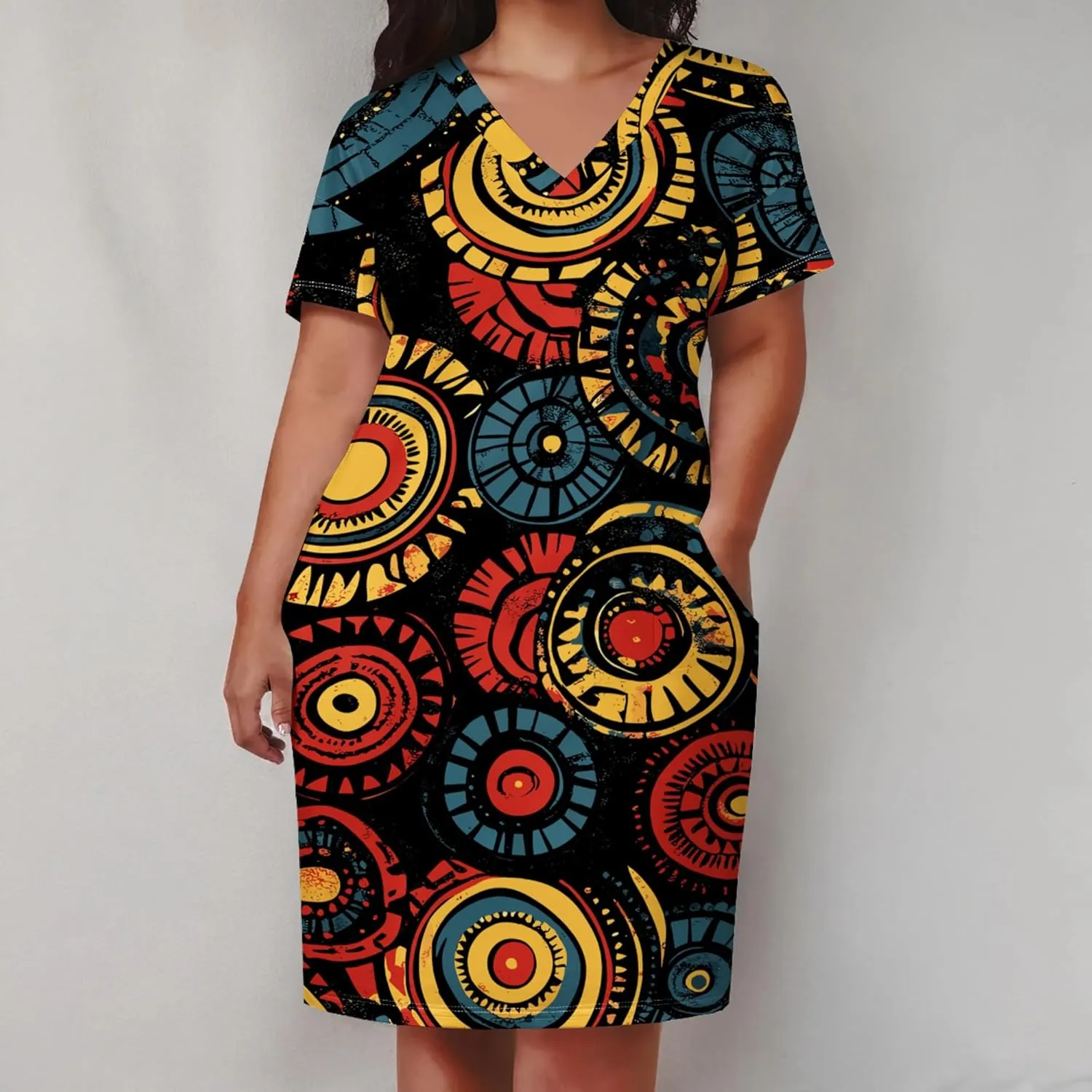 Plus Size Midi Dress for Women Casual Short Sleeve V Neck Loose Summer Tshirt Dresses with Pockets Vacation Outfits
