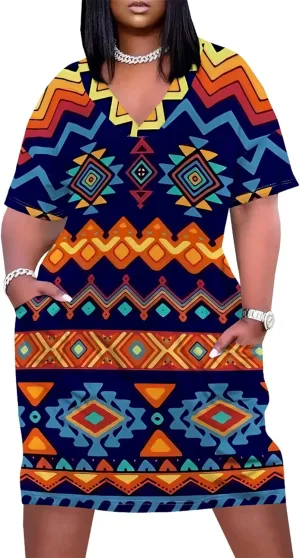 Plus Size Midi Dress for Women Casual Short Sleeve V Neck Loose Summer Tshirt Dresses with Pockets Vacation Outfits