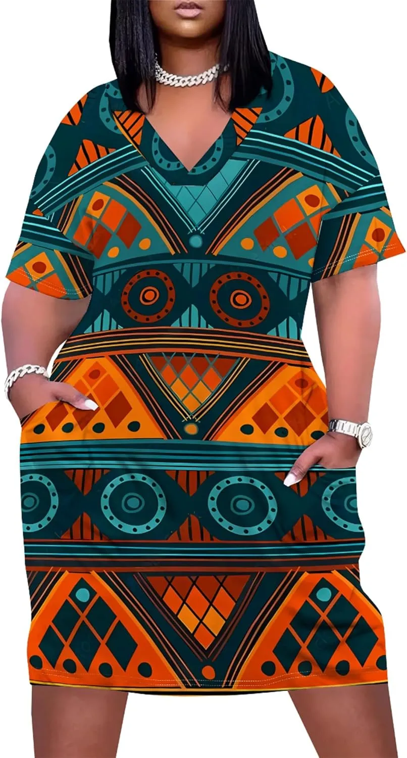 Plus Size Midi Dress for Women Casual Short Sleeve V Neck Loose Summer Tshirt Dresses with Pockets Vacation Outfits