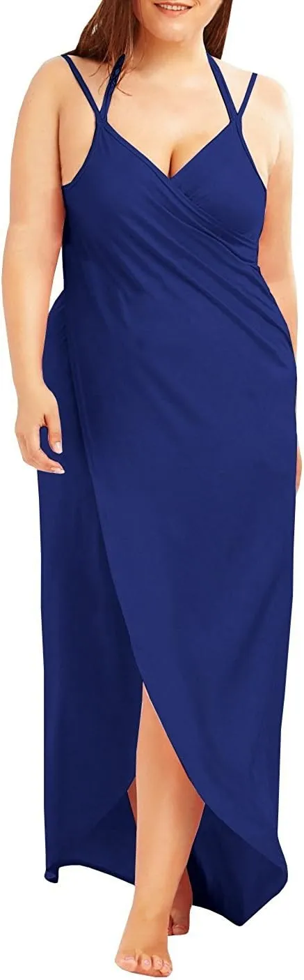 Plus Size Spaghetti Strap Cover Up Beach Backless Wrap Long Dress