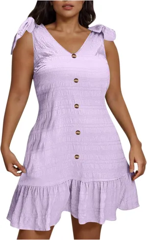 Plus Size Textured Mini Dresses for Women Casual Bowknot Strap Sleevevless Button Decor Ruffle Hem Tank Beach Sundress