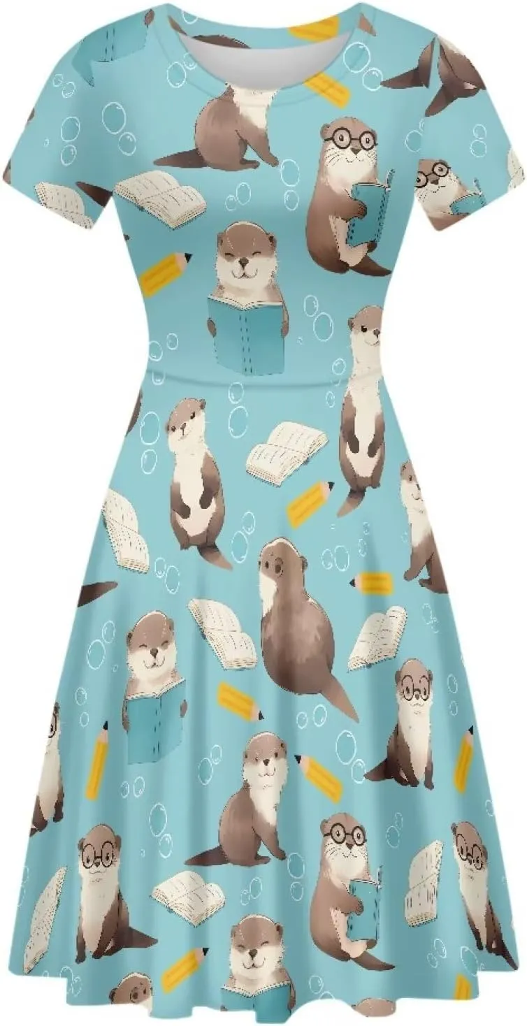 POLERO Women's Animal Dress Short Sleeve Cute Midi Dresses Casual Beach Vacation Sundress