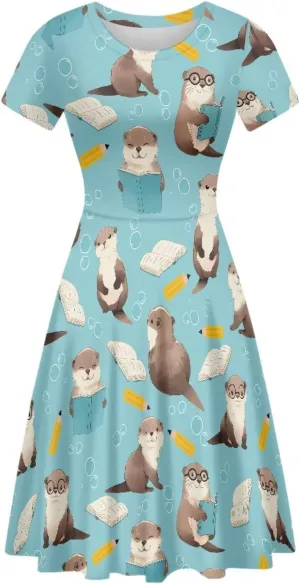 POLERO Women's Animal Dress Short Sleeve Cute Midi Dresses Casual Beach Vacation Sundress