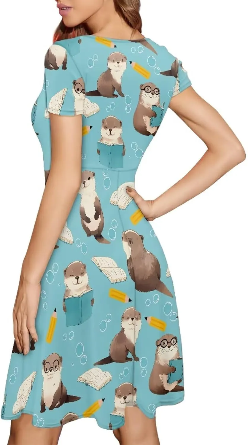 POLERO Women's Animal Dress Short Sleeve Cute Midi Dresses Casual Beach Vacation Sundress