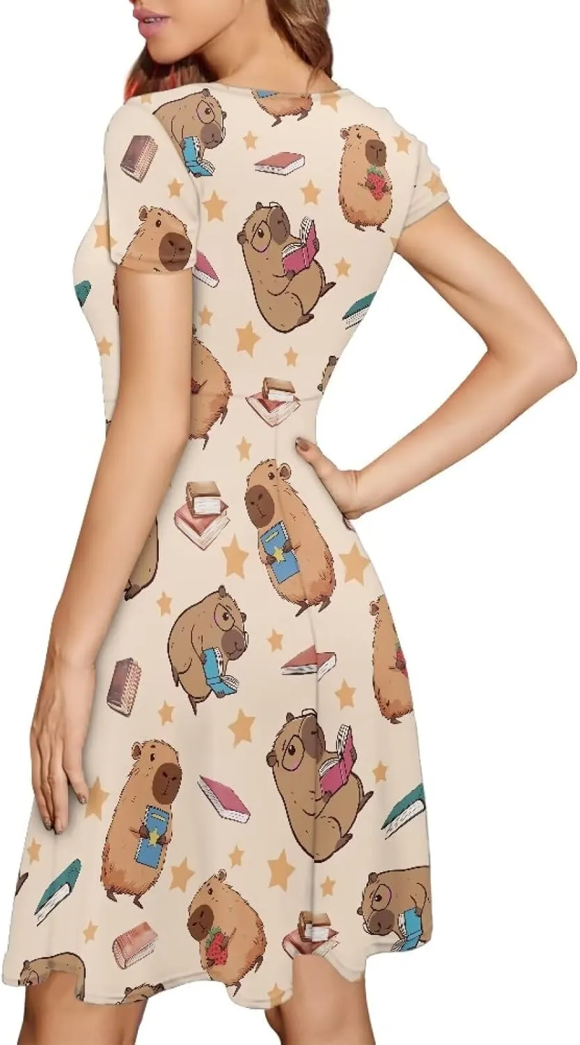 POLERO Women's Animal Dress Short Sleeve Cute Midi Dresses Casual Beach Vacation Sundress