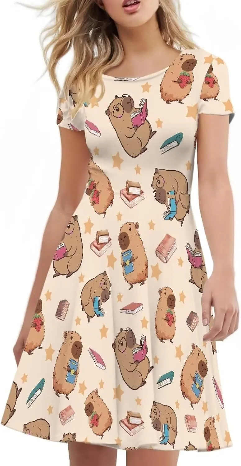 POLERO Women's Animal Dress Short Sleeve Cute Midi Dresses Casual Beach Vacation Sundress
