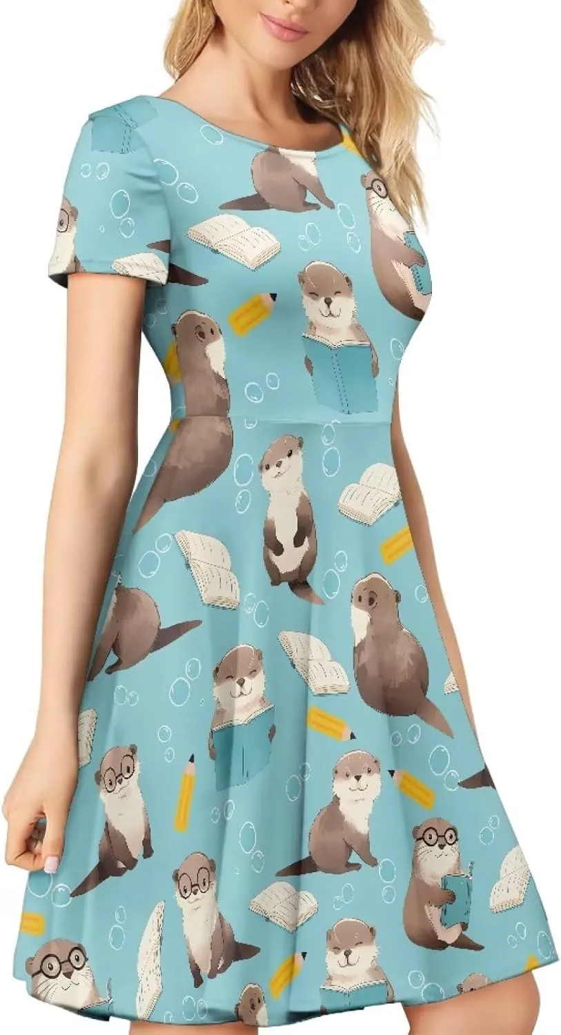POLERO Women's Animal Dress Short Sleeve Cute Midi Dresses Casual Beach Vacation Sundress