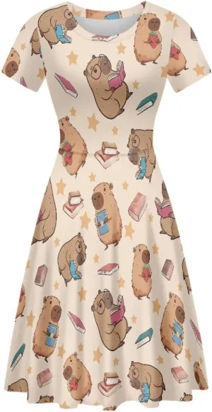 POLERO Women's Animal Dress Short Sleeve Cute Midi Dresses Casual Beach Vacation Sundress