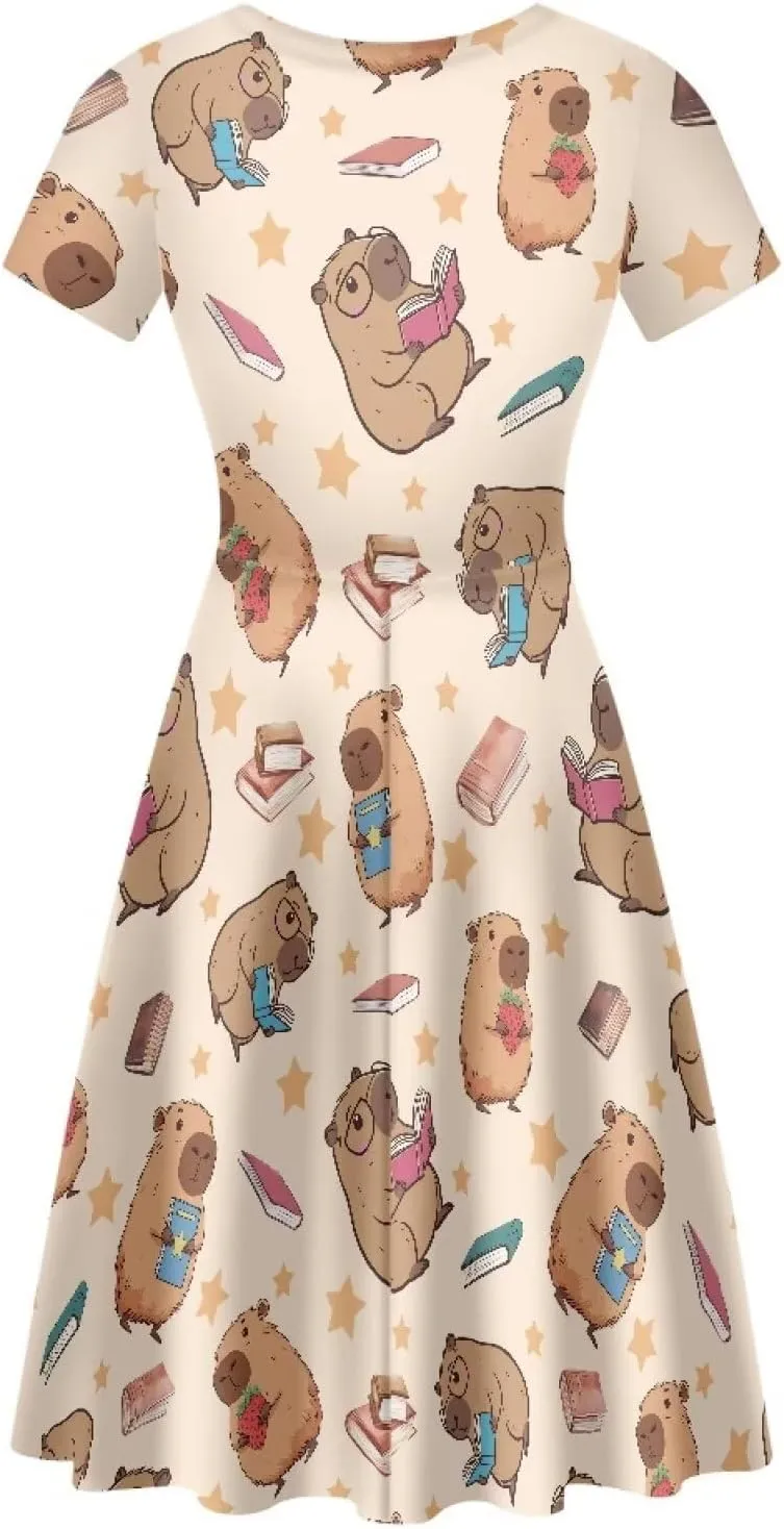 POLERO Women's Animal Dress Short Sleeve Cute Midi Dresses Casual Beach Vacation Sundress