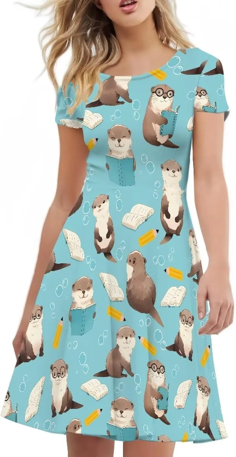 POLERO Women's Animal Dress Short Sleeve Cute Midi Dresses Casual Beach Vacation Sundress