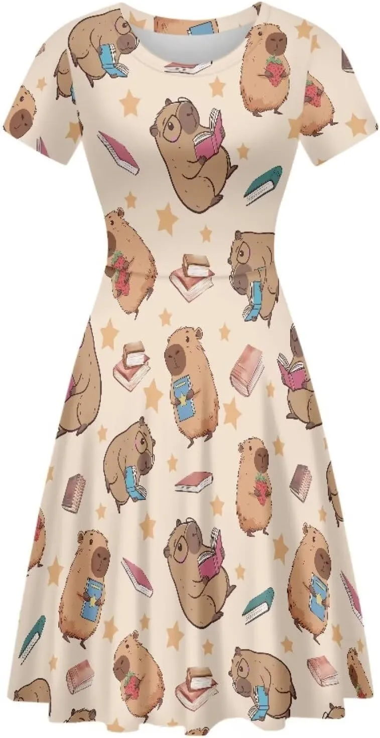 POLERO Women's Animal Dress Short Sleeve Cute Midi Dresses Casual Beach Vacation Sundress