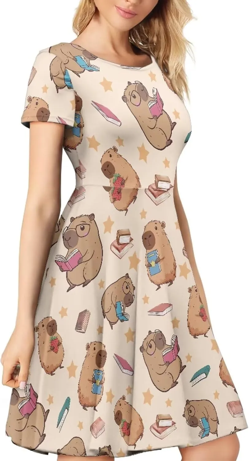 POLERO Women's Animal Dress Short Sleeve Cute Midi Dresses Casual Beach Vacation Sundress